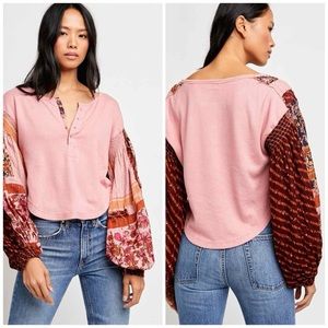 Free People Light Magic Printed Sleeve Henley Top in Pink Size Medium